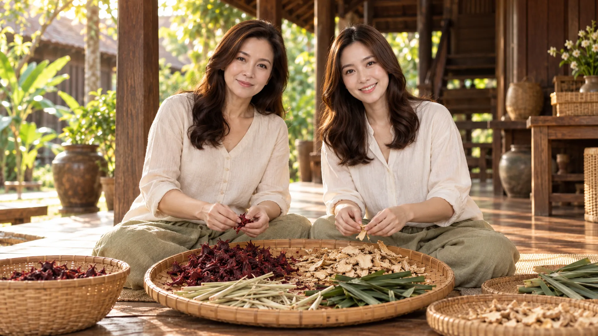 แม่และลูกสาวช่วยกันคัดสมุนไพรแห้งบนกระด้ง